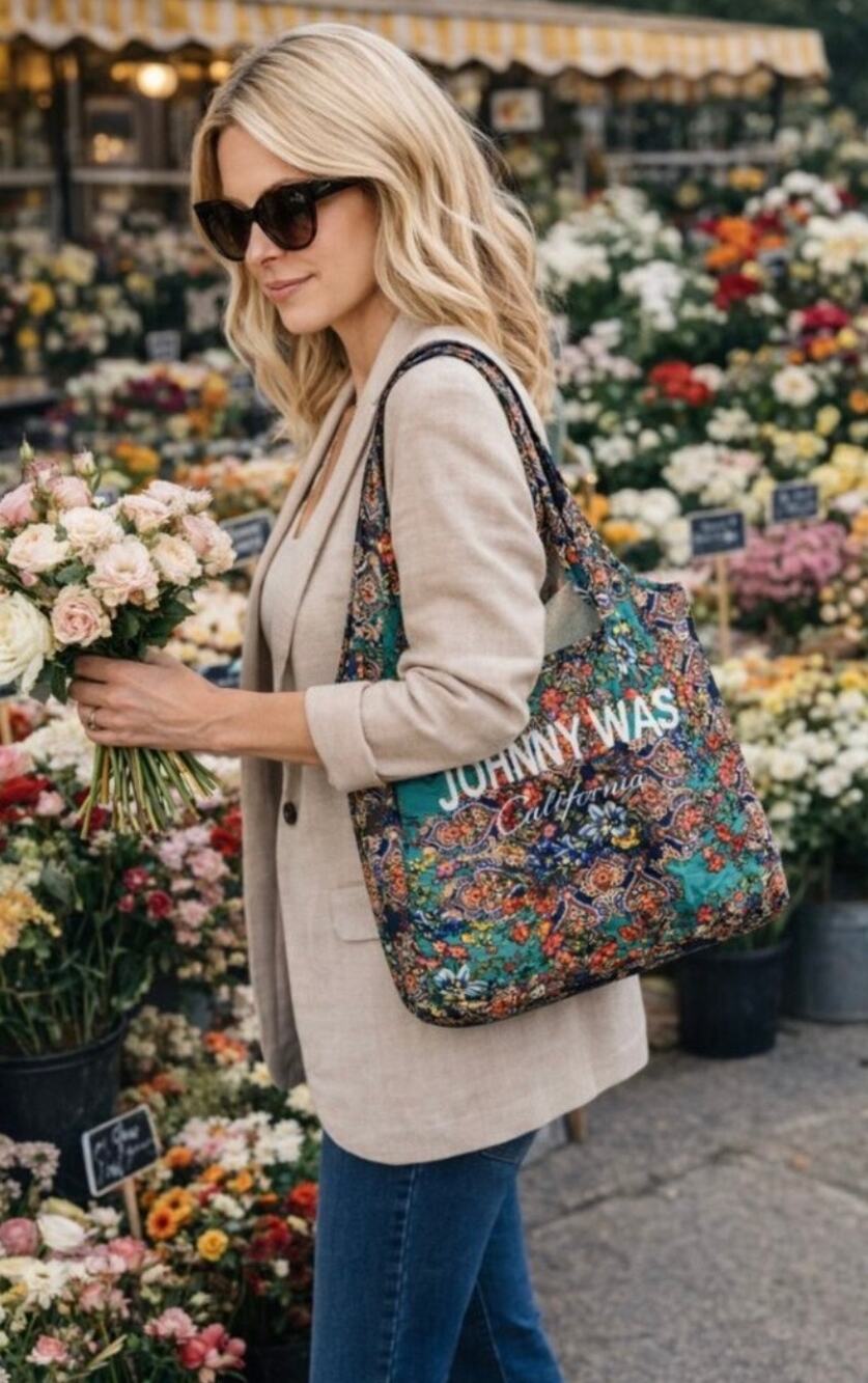 NWOT Johnny Was Packable Reusable Shopping Tote Bag Floral Boho